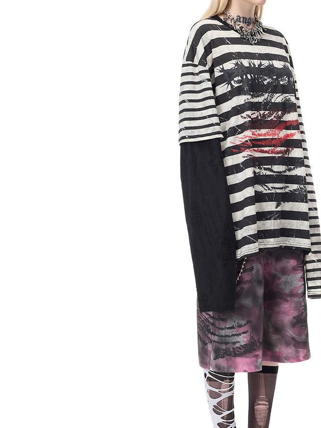 PINKSPINK Burnout Cutout Striped Patchwork Raglan Women's Cotton Long Sleeve T-shirts