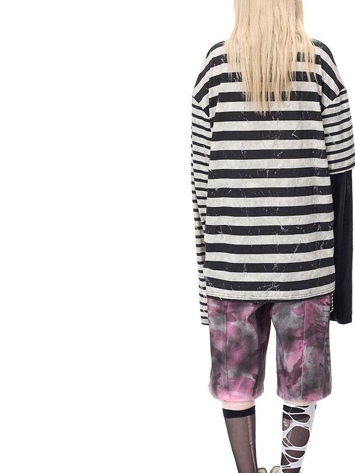 PINKSPINK Burnout Cutout Striped Patchwork Raglan Women's Cotton Long Sleeve T-shirts