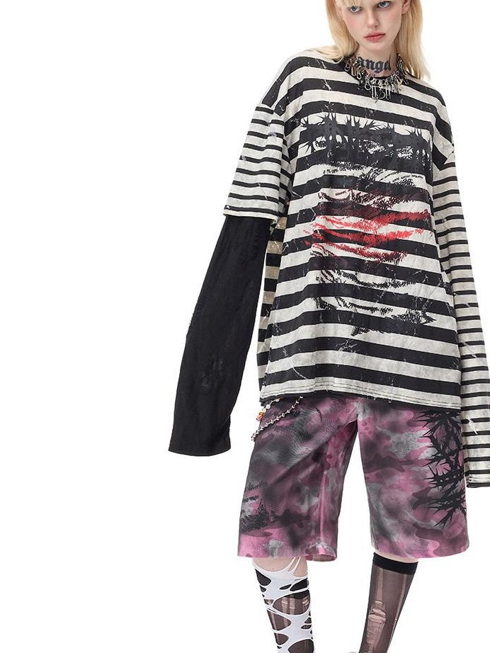PINKSPINK Burnout Cutout Striped Patchwork Raglan Women's Cotton Long Sleeve T-shirts