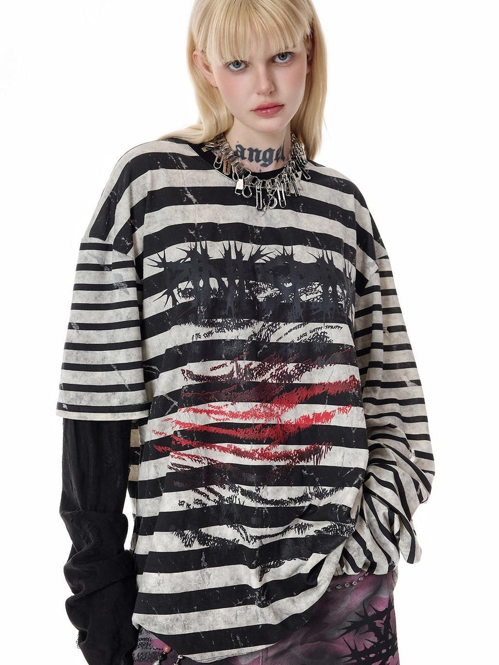 PINKSPINK Burnout Cutout Striped Patchwork Raglan Women's Cotton Long Sleeve T-shirts