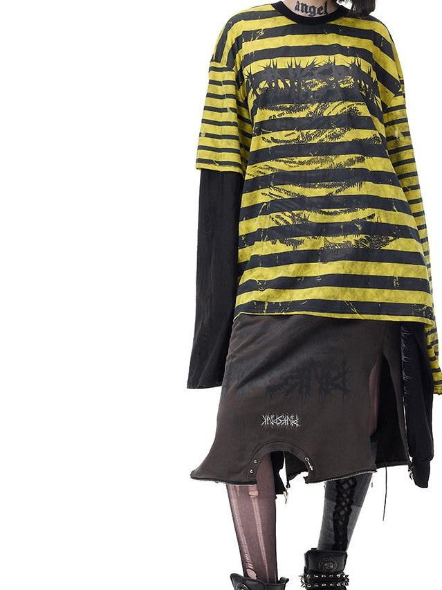 PINKSPINK Burnout Cutout Striped Patchwork Raglan Women's Cotton Long Sleeve T-shirts