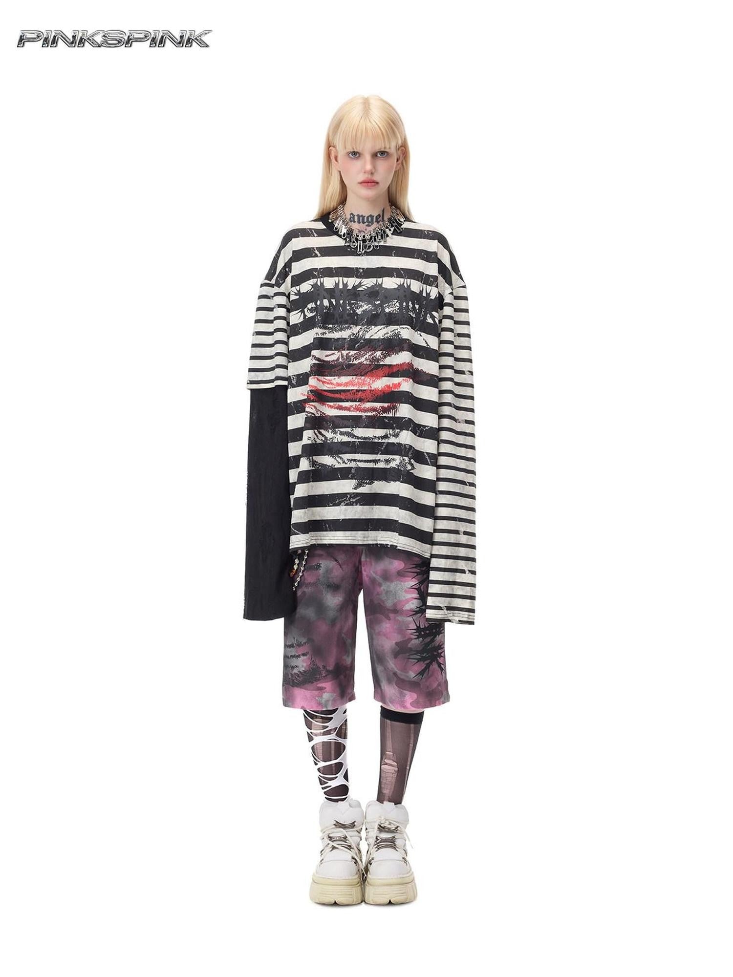PINKSPINK Burnout Cutout Striped Patchwork Raglan Women's Cotton Long Sleeve T-shirts
