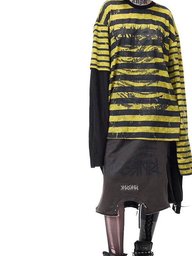 PINKSPINK Burnout Cutout Striped Patchwork Raglan Women's Cotton Long Sleeve T-shirts