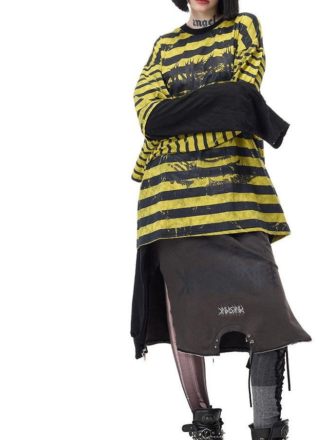 PINKSPINK Burnout Cutout Striped Patchwork Raglan Women's Cotton Long Sleeve T-shirts