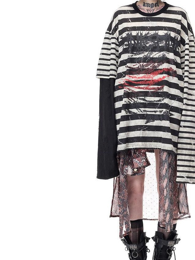 PINKSPINK Burnout Cutout Striped Patchwork Raglan Women's Cotton Long Sleeve T-shirts