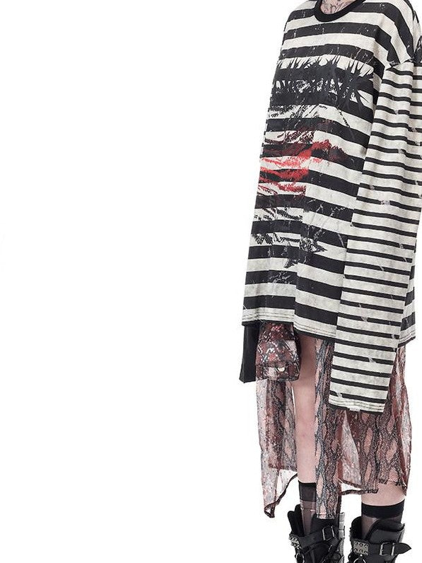 PINKSPINK Burnout Cutout Striped Patchwork Raglan Women's Cotton Long Sleeve T-shirts