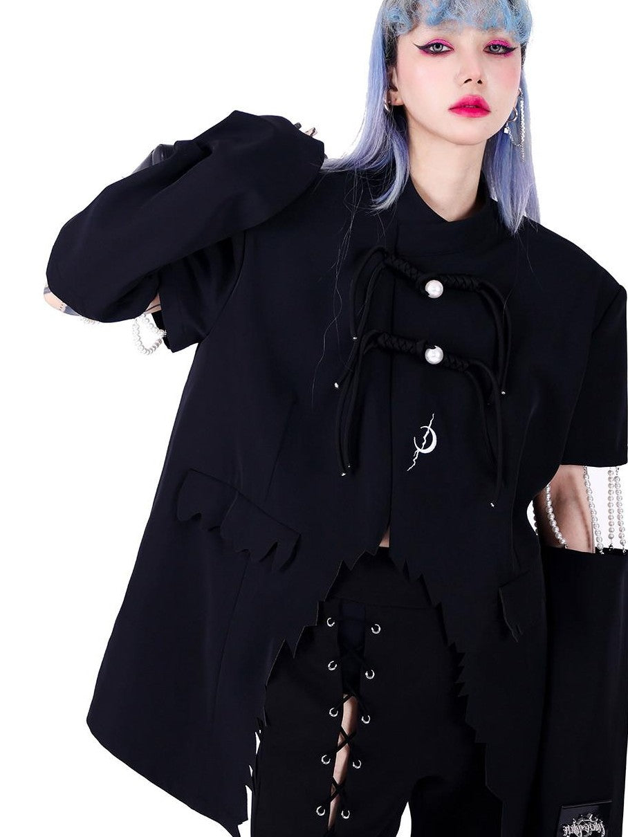PINKSPINK Burnout Flame Distressed Pearl Sleeve Frog Button Women's Blazers