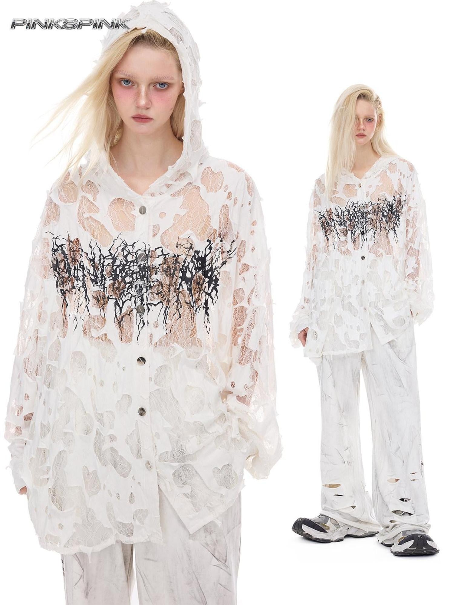 PINKSPINK Burnout Thorn Floral Hooded Printed Hand Distressed Women's Lace Sheer Shirts