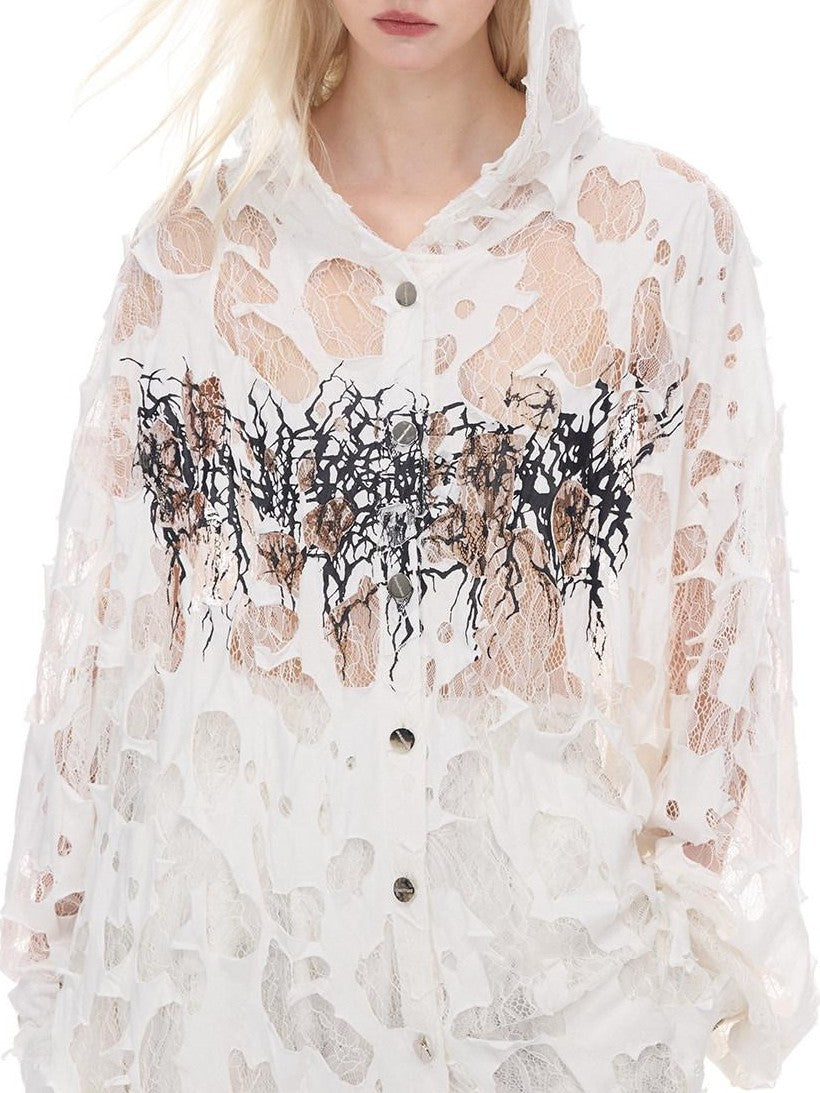 PINKSPINK Burnout Thorn Floral Hooded Printed Hand Distressed Women's Lace Sheer Shirts