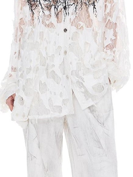 PINKSPINK Burnout Thorn Floral Hooded Printed Hand Distressed Women's Lace Sheer Shirts