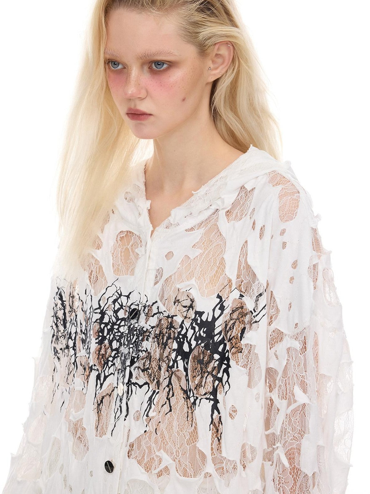 PINKSPINK Burnout Thorn Floral Hooded Printed Hand Distressed Women's Lace Sheer Shirts