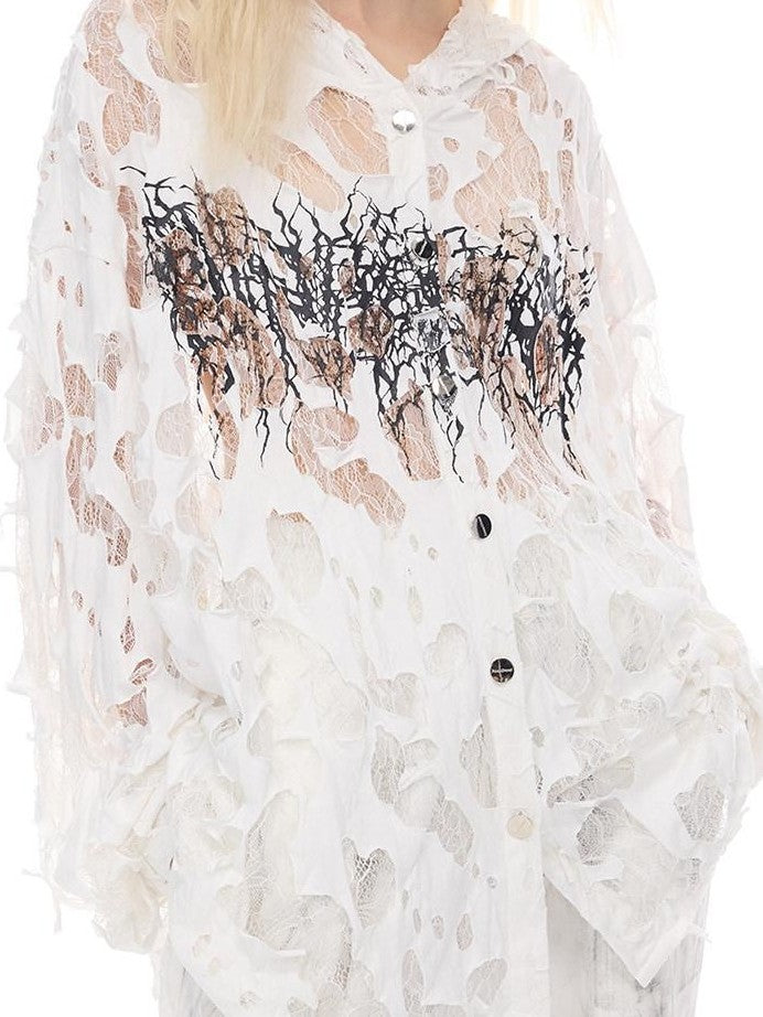 PINKSPINK Burnout Thorn Floral Hooded Printed Hand Distressed Women's Lace Sheer Shirts