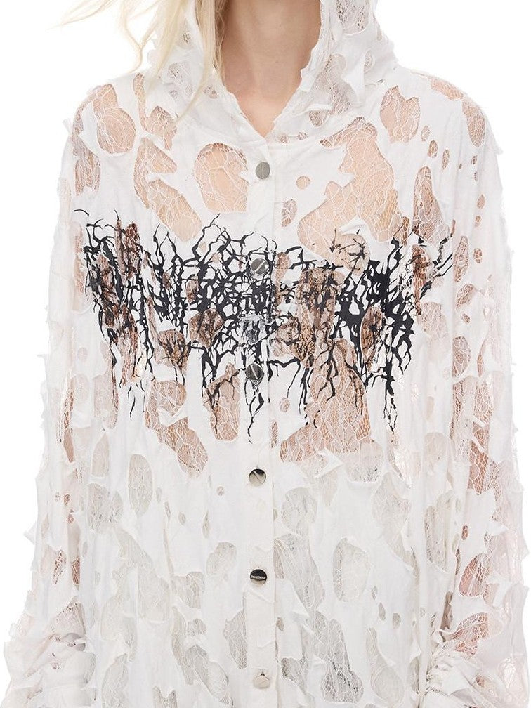 PINKSPINK Burnout Thorn Floral Hooded Printed Hand Distressed Women's Lace Sheer Shirts
