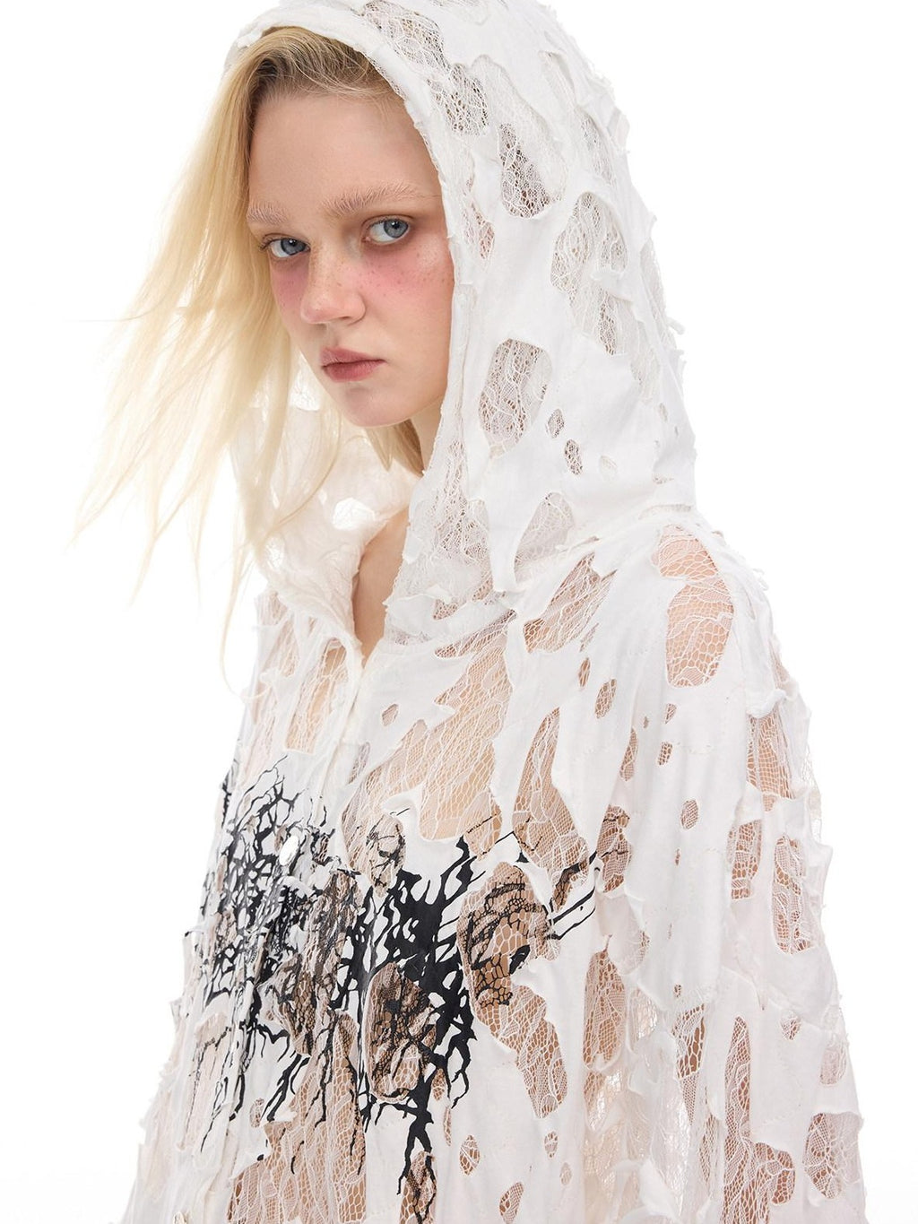 PINKSPINK Burnout Thorn Floral Hooded Printed Hand Distressed Women's Lace Sheer Shirts