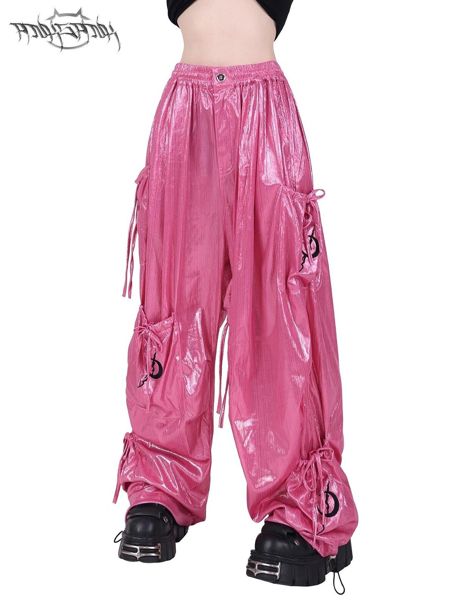 PINKSPINK Butterfly Bow Embroidered Pocket Straight Leg Women's Cotton Cargo Pants