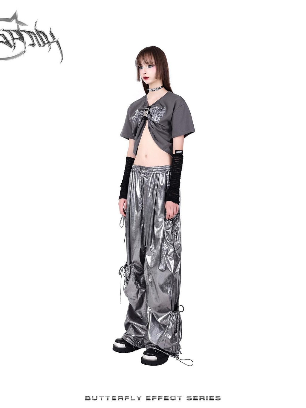 PINKSPINK Butterfly Bow Embroidered Pocket Straight Leg Women's Cotton Cargo Pants