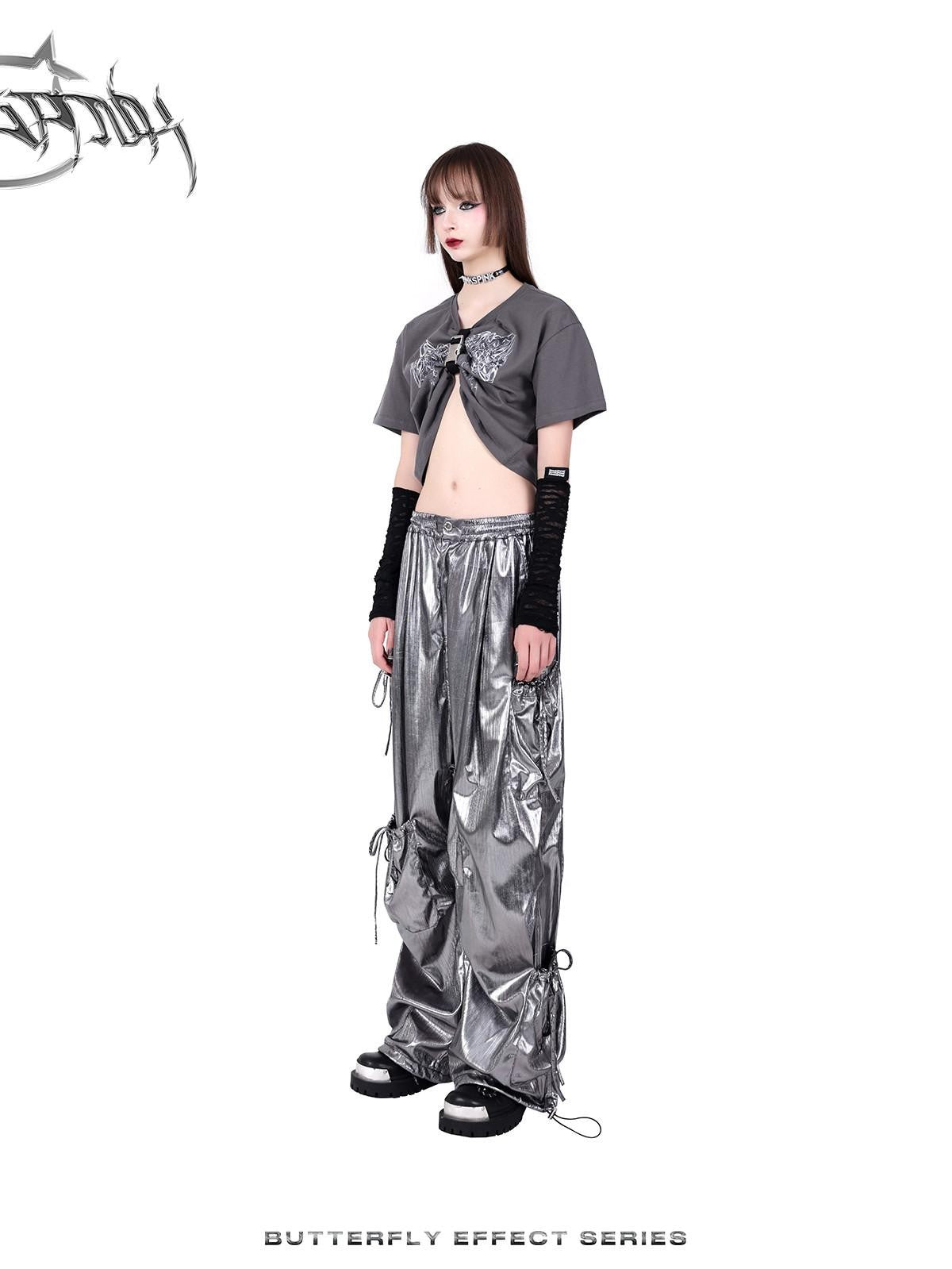PINKSPINK Butterfly Bow Embroidered Pocket Straight Leg Women's Cotton Cargo Pants