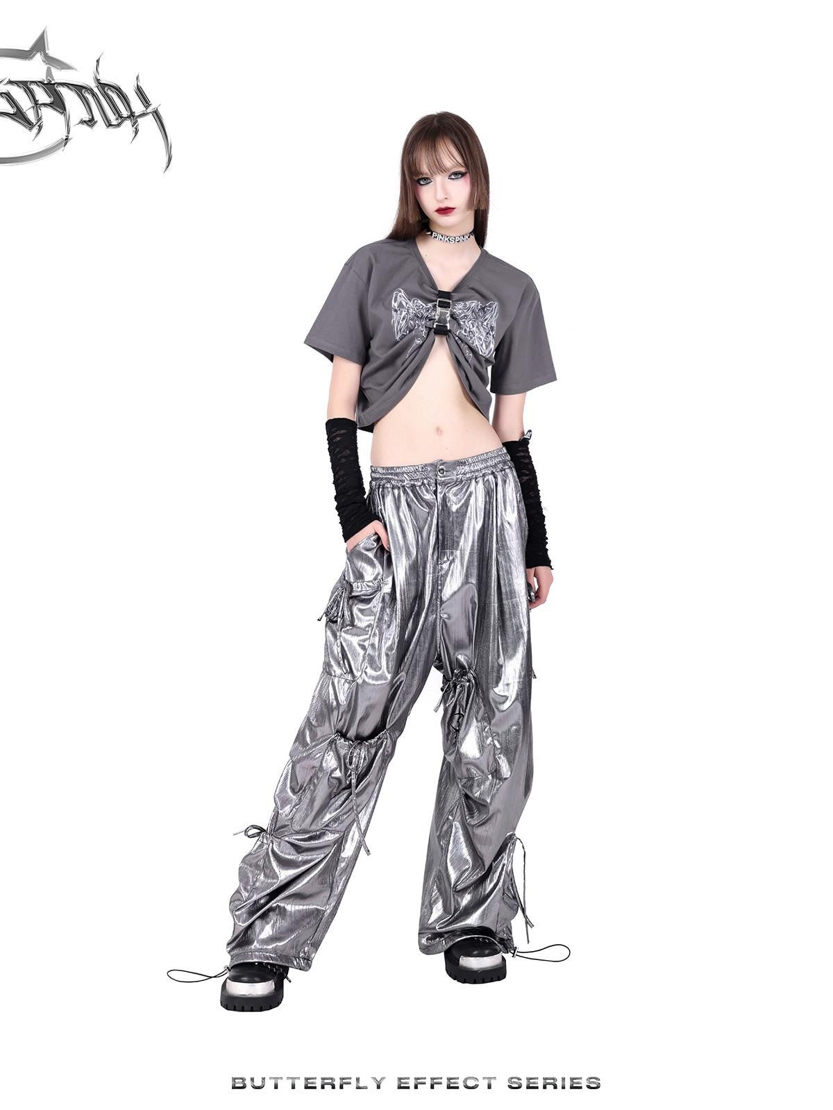 PINKSPINK Butterfly Bow Embroidered Pocket Straight Leg Women's Cotton Cargo Pants