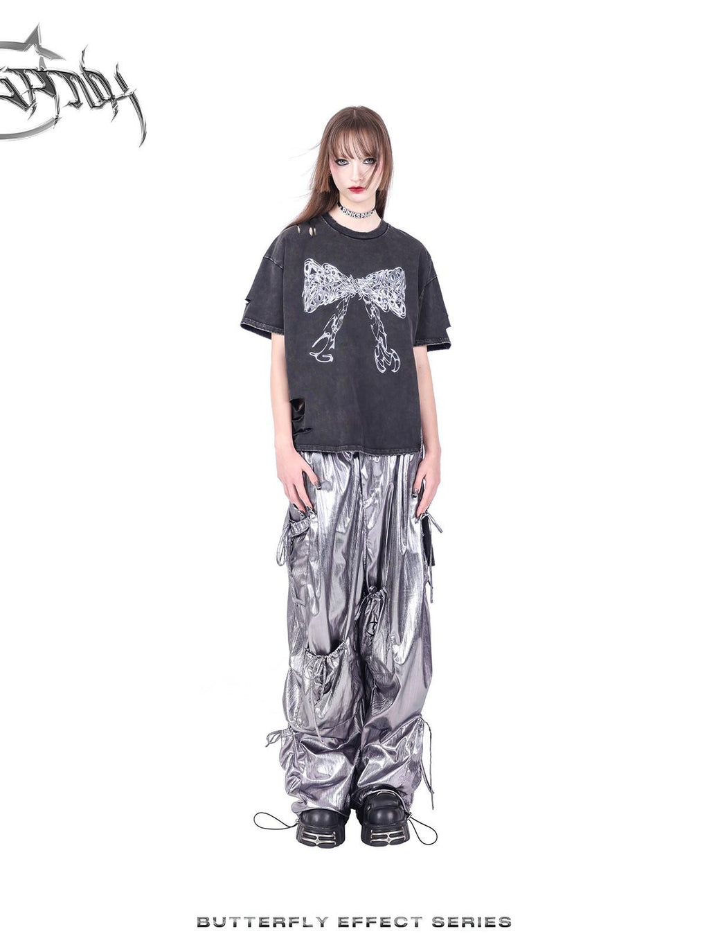 PINKSPINK Butterfly Bow Embroidered Pocket Straight Leg Women's Cotton Cargo Pants