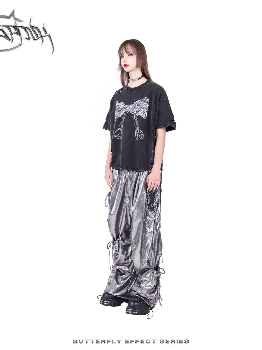 PINKSPINK Butterfly Bow Embroidered Pocket Straight Leg Women's Cotton Cargo Pants