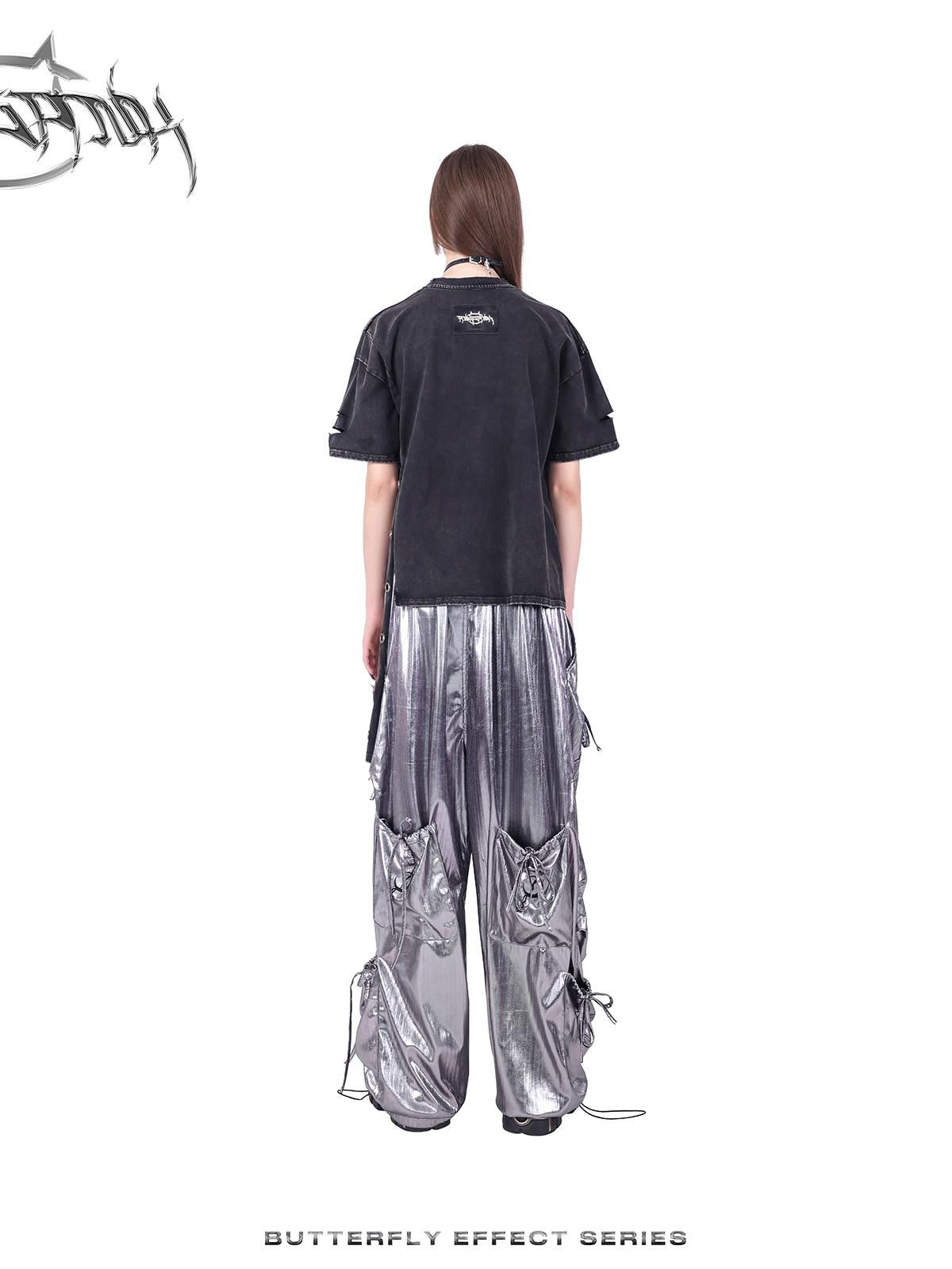 PINKSPINK Butterfly Bow Embroidered Pocket Straight Leg Women's Cotton Cargo Pants