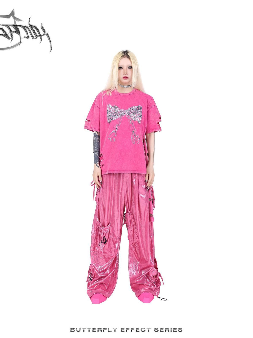 PINKSPINK Butterfly Bow Embroidered Pocket Straight Leg Women's Cotton Cargo Pants