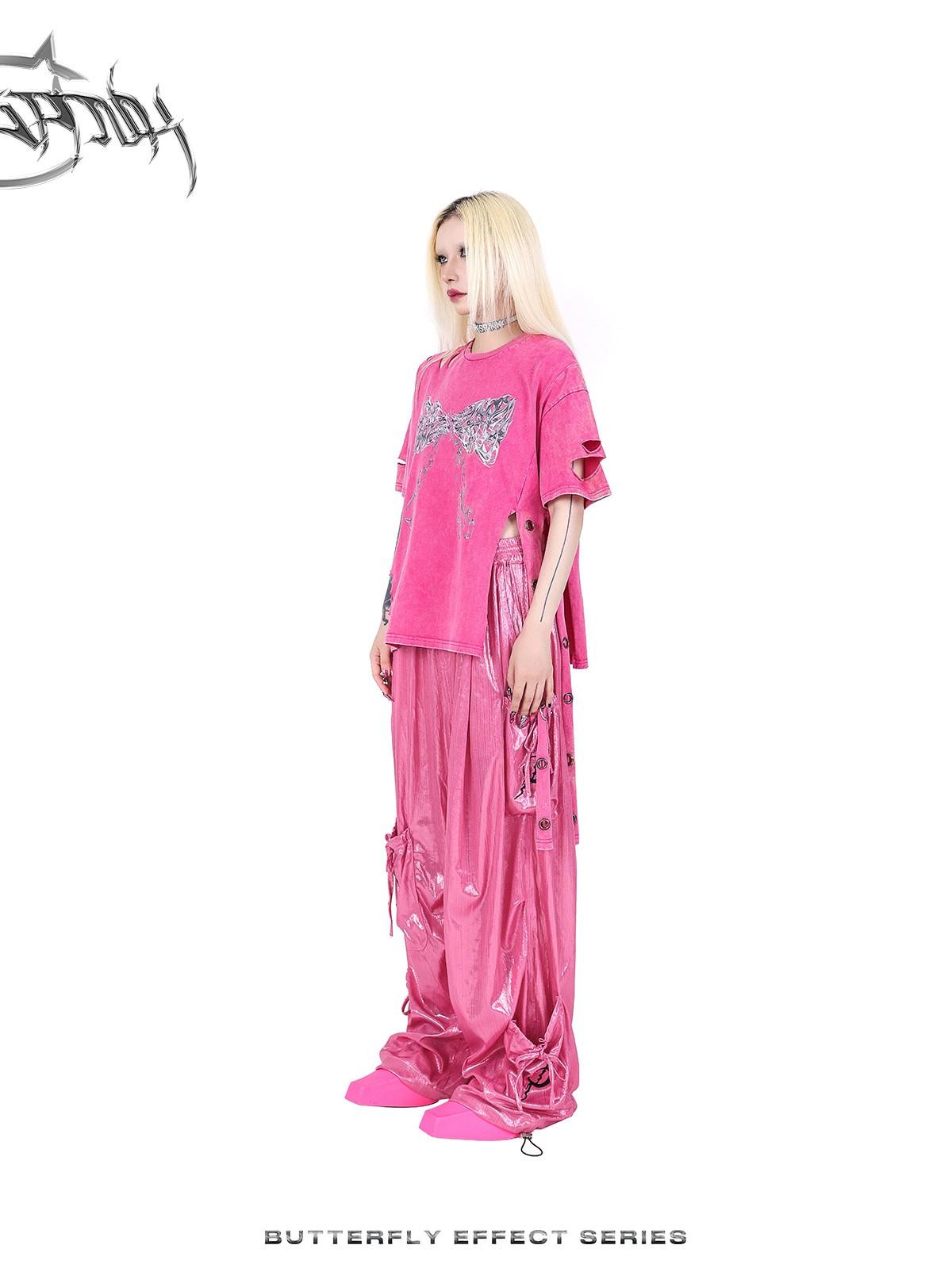 PINKSPINK Butterfly Bow Embroidered Pocket Straight Leg Women's Cotton Cargo Pants