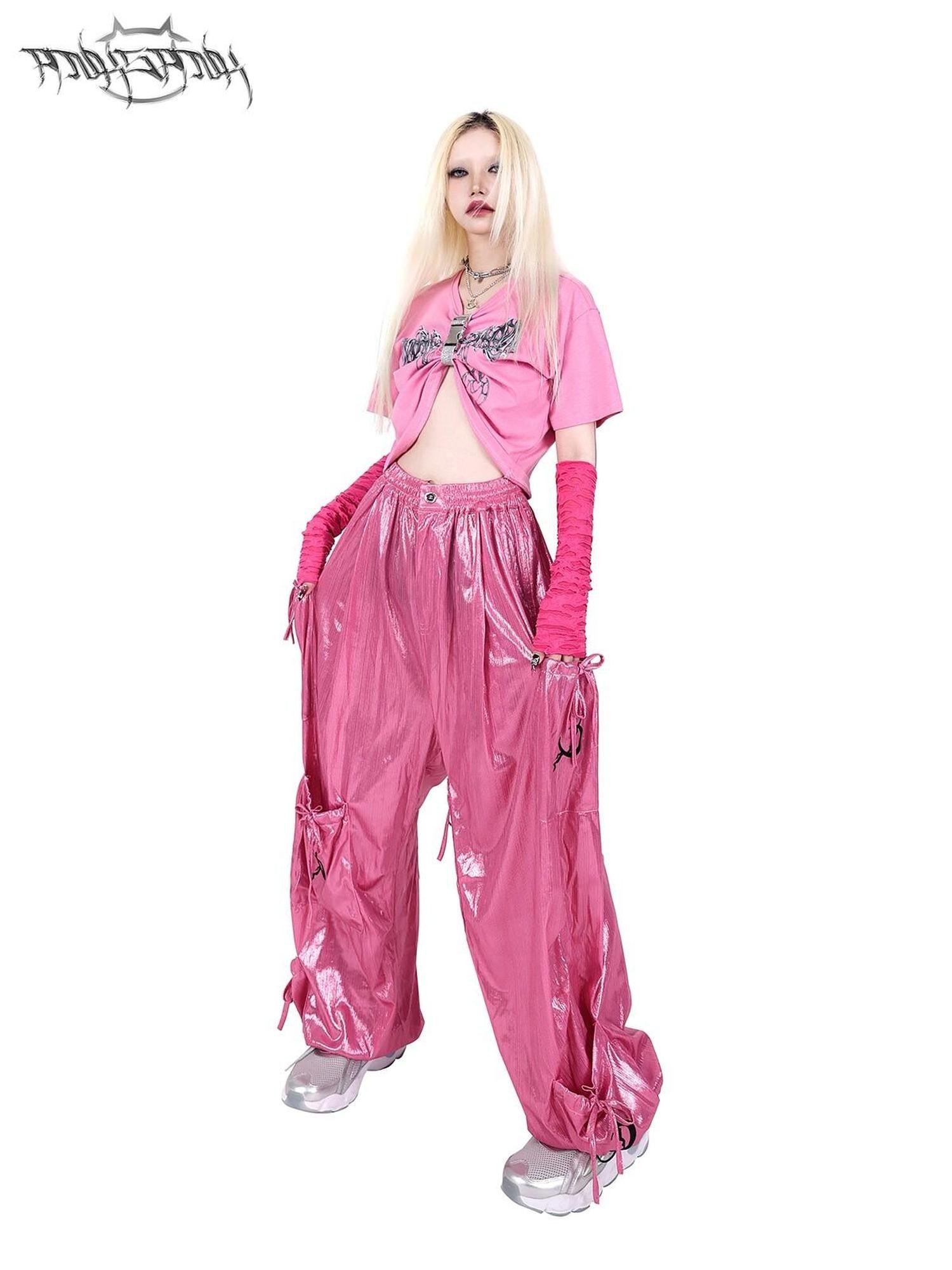 PINKSPINK Butterfly Bow Embroidered Pocket Straight Leg Women's Cotton Cargo Pants