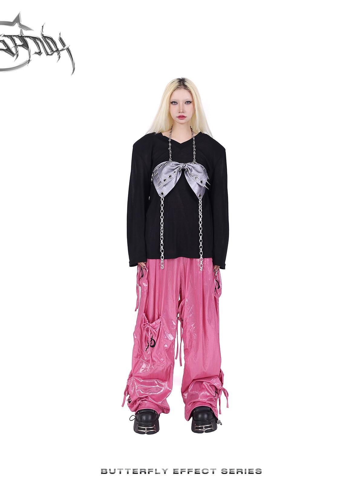 PINKSPINK Butterfly Bow Embroidered Pocket Straight Leg Women's Cotton Cargo Pants