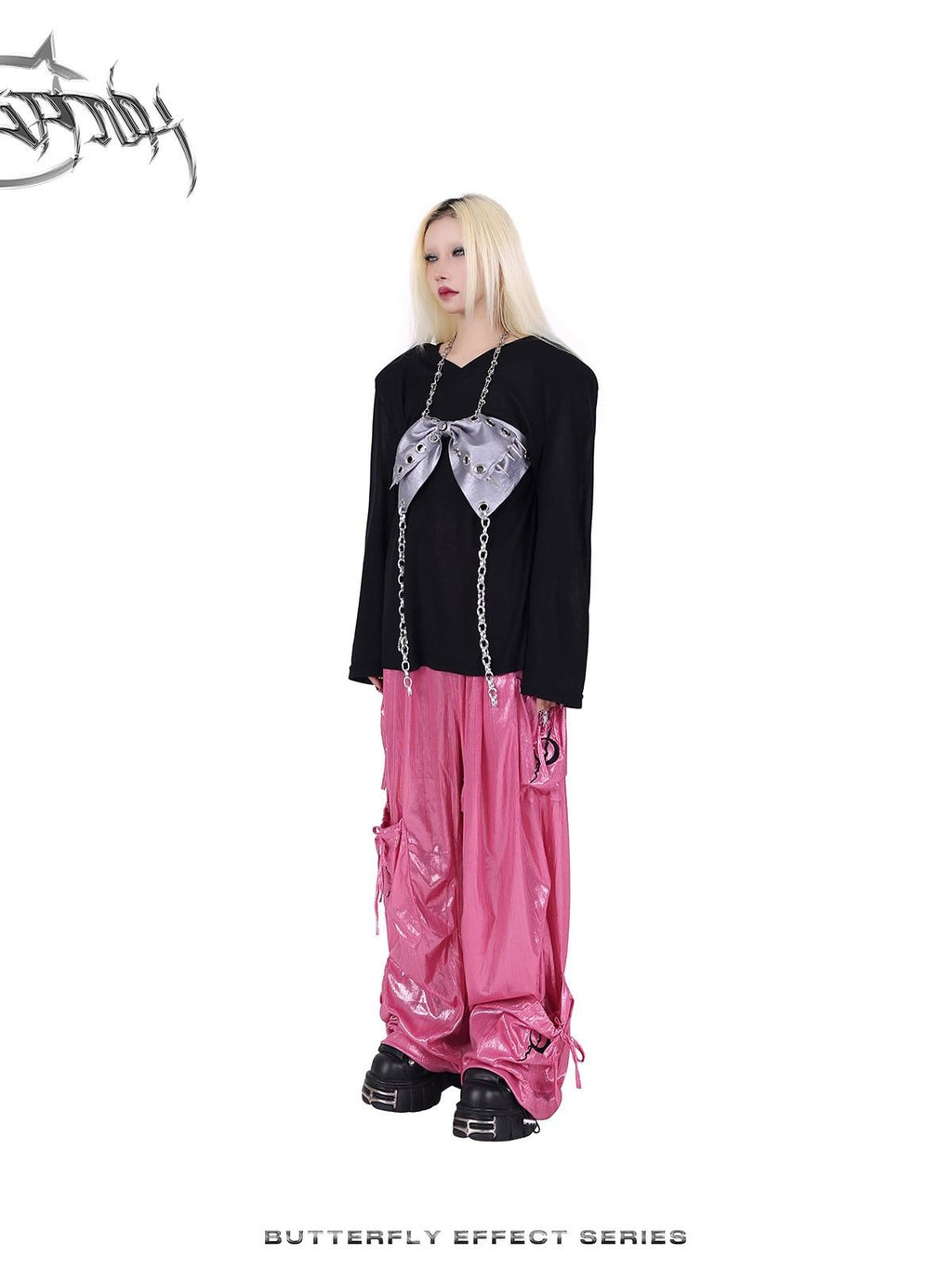 PINKSPINK Butterfly Bow Embroidered Pocket Straight Leg Women's Cotton Cargo Pants