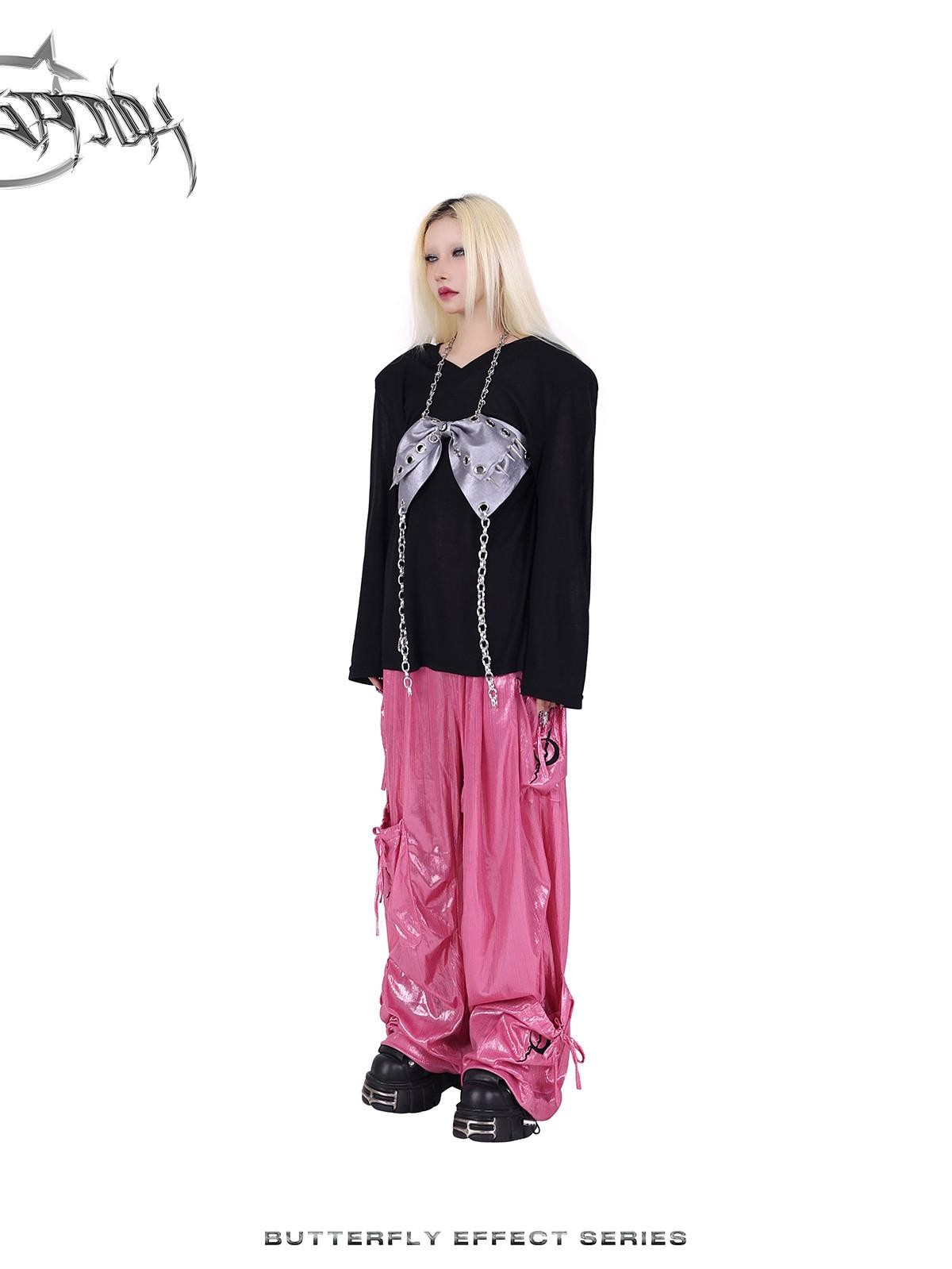 PINKSPINK Butterfly Bow Embroidered Pocket Straight Leg Women's Cotton Cargo Pants