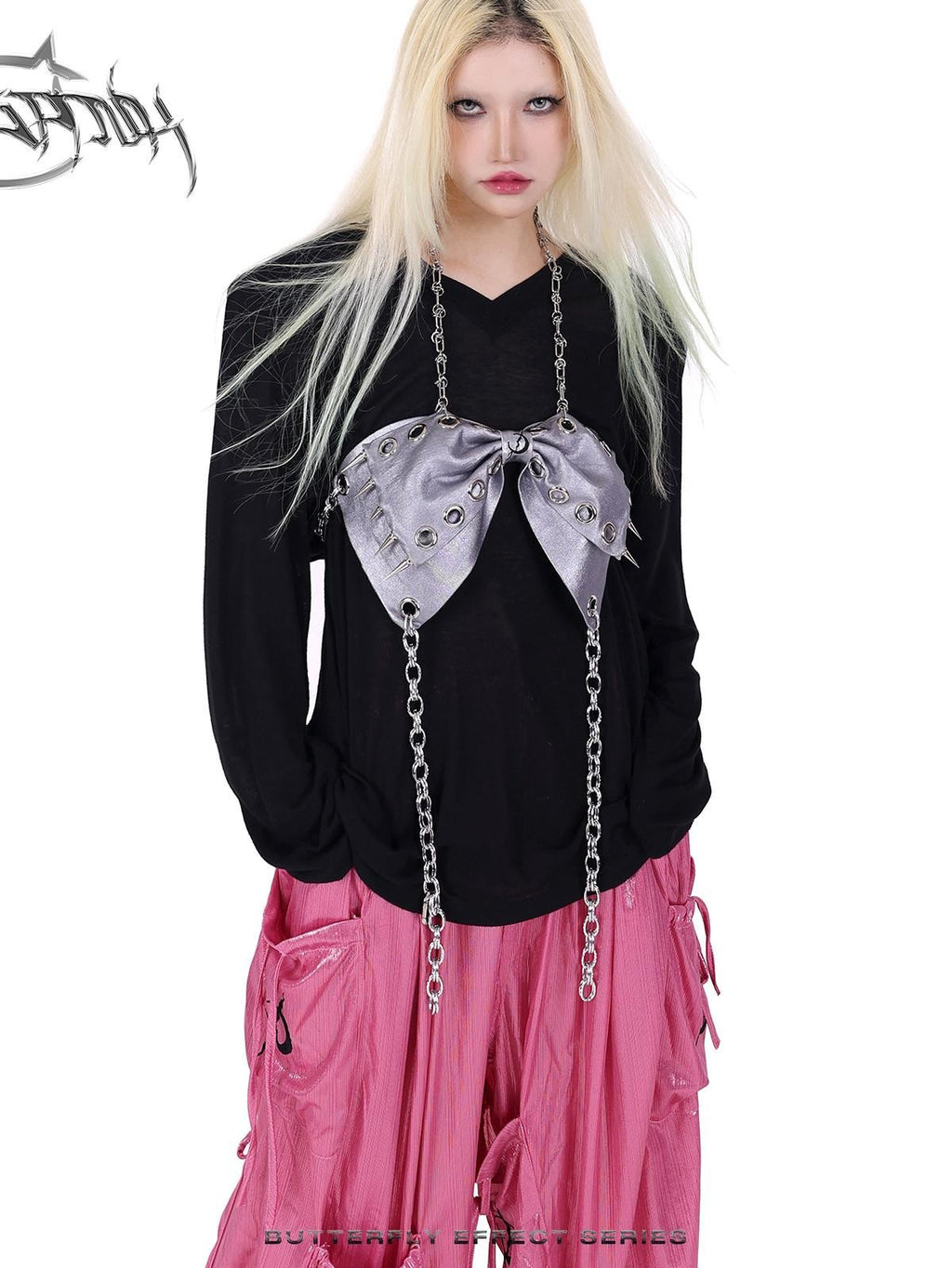 PINKSPINK Butterfly Bow Embroidered Pocket Straight Leg Women's Cotton Cargo Pants