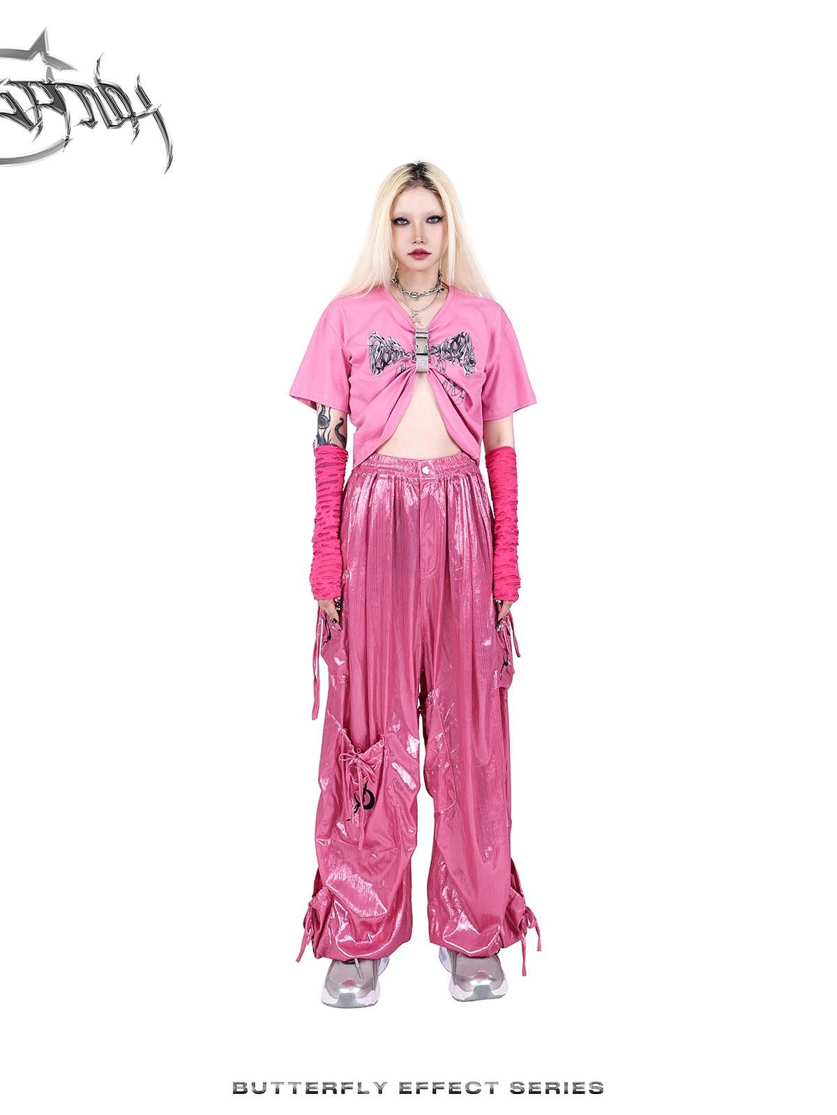 PINKSPINK Butterfly Bow Embroidered Pocket Straight Leg Women's Cotton Cargo Pants