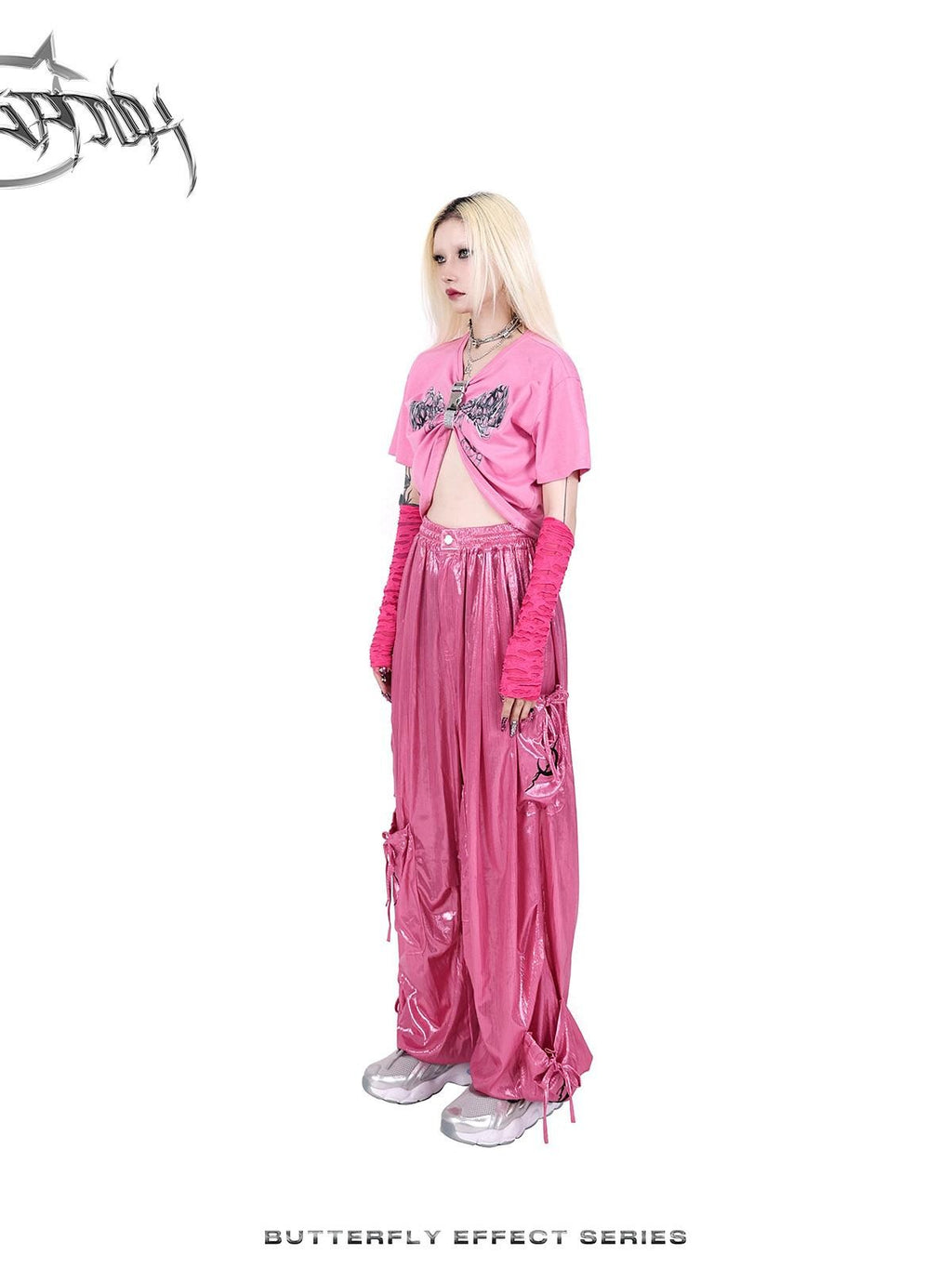 PINKSPINK Butterfly Bow Embroidered Pocket Straight Leg Women's Cotton Cargo Pants