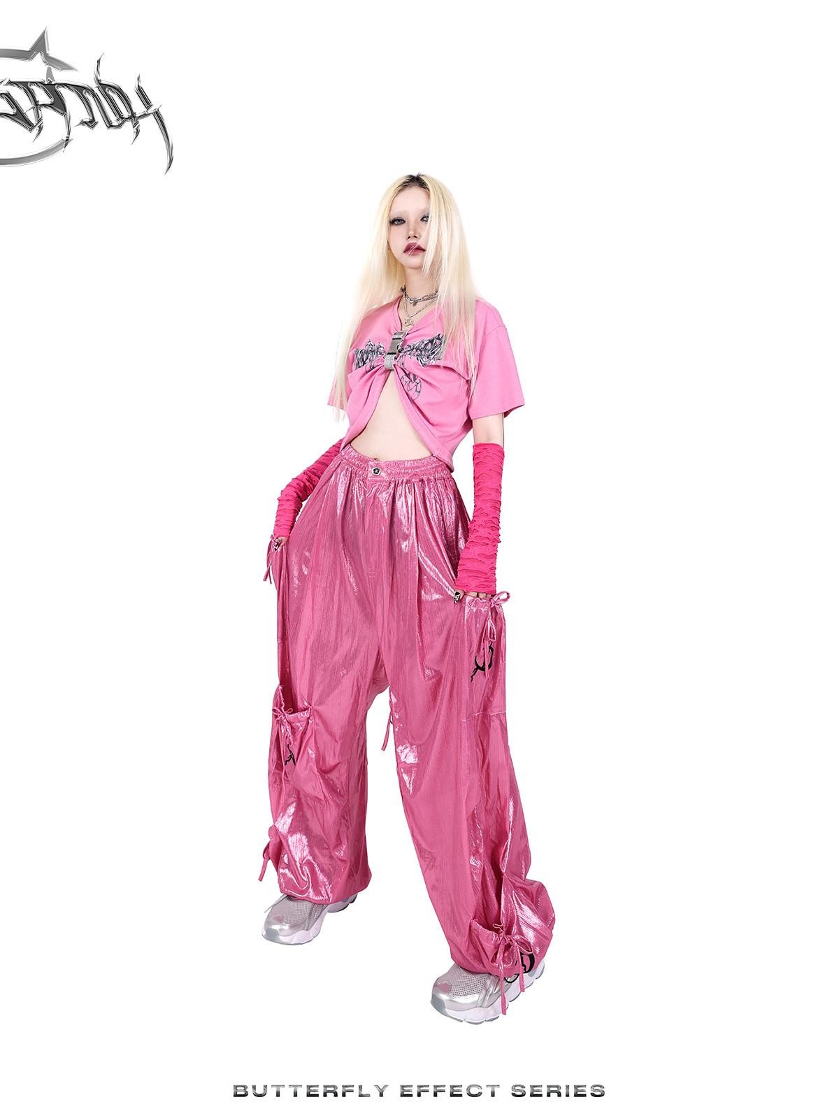 PINKSPINK Butterfly Bow Embroidered Pocket Straight Leg Women's Cotton Cargo Pants