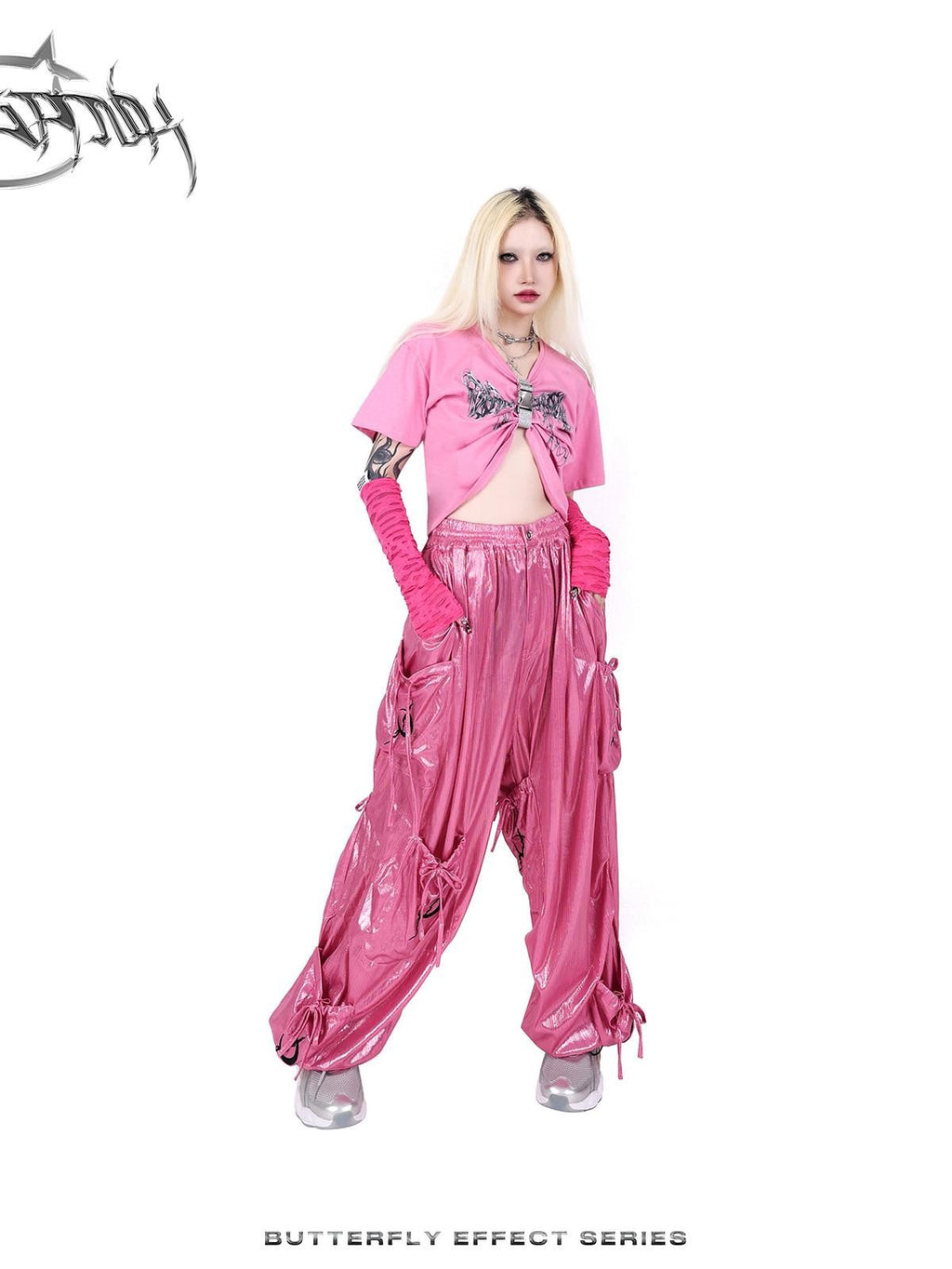 PINKSPINK Butterfly Bow Embroidered Pocket Straight Leg Women's Cotton Cargo Pants