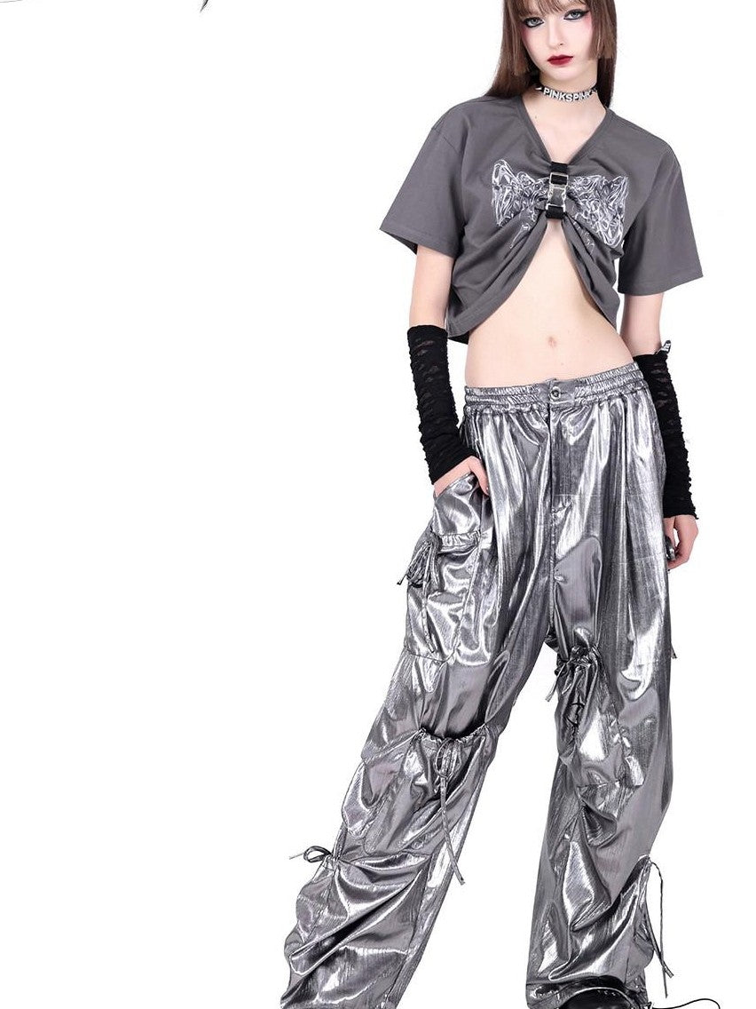 PINKSPINK Butterfly Embroidered Bow Pocket Straight Women's Cotton Cargo Pants
