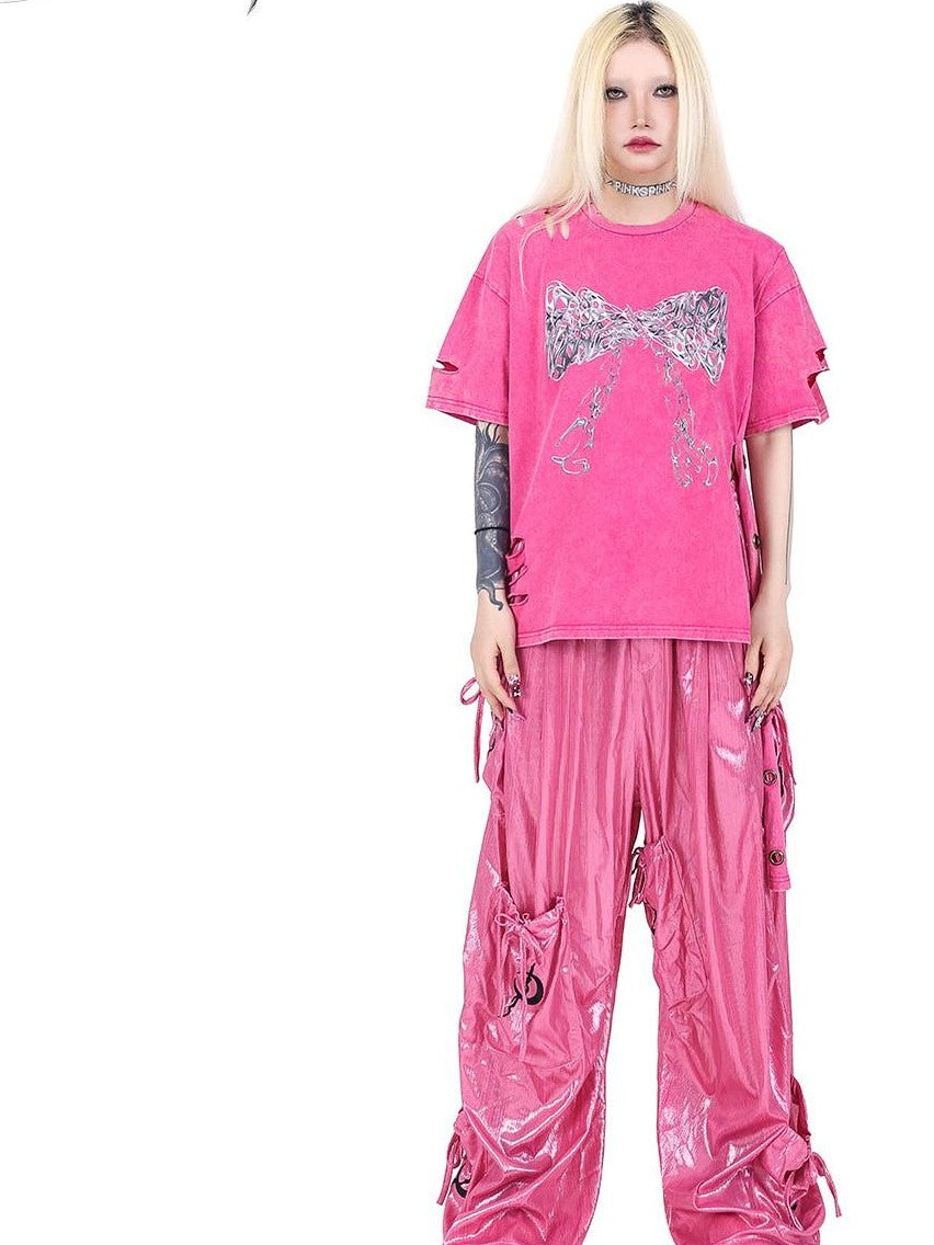 PINKSPINK Butterfly Embroidered Bow Pocket Straight Women's Cotton Cargo Pants