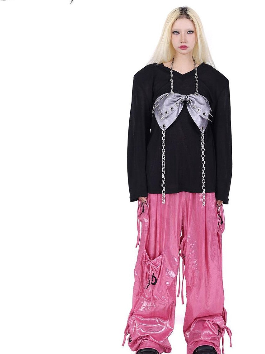 PINKSPINK Butterfly Embroidered Bow Pocket Straight Women's Cotton Cargo Pants