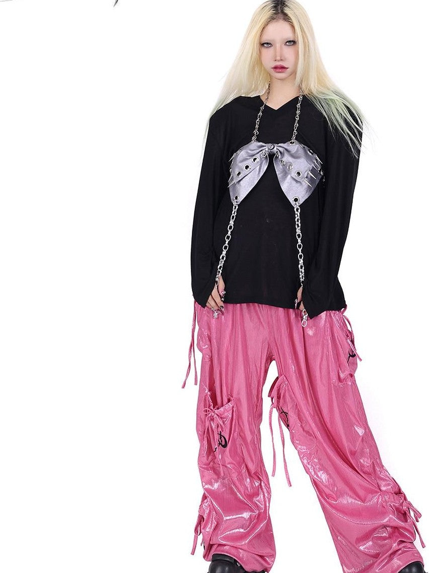 PINKSPINK Butterfly Embroidered Bow Pocket Straight Women's Cotton Cargo Pants