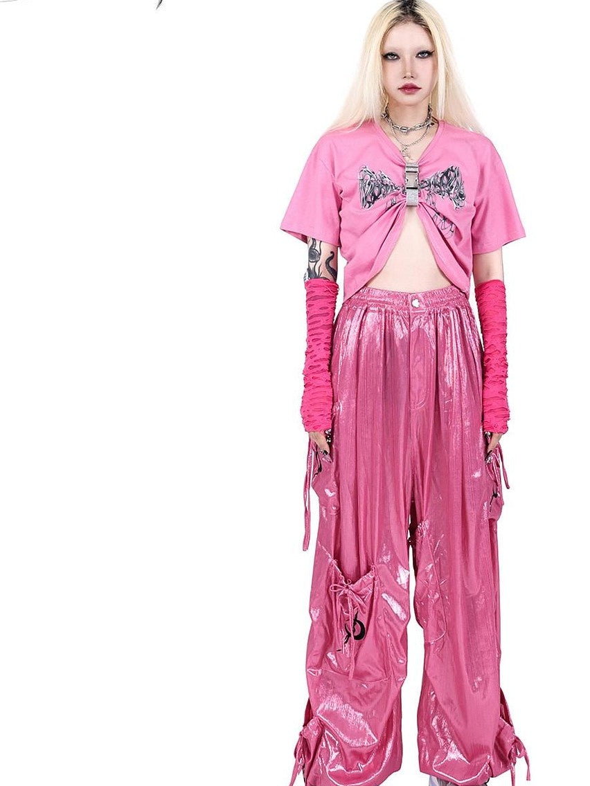 PINKSPINK Butterfly Embroidered Bow Pocket Straight Women's Cotton Cargo Pants