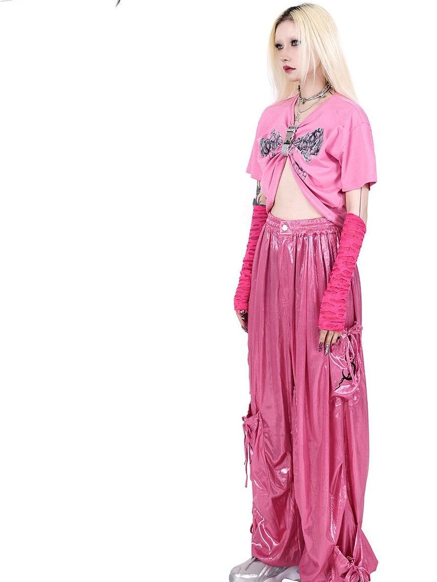 PINKSPINK Butterfly Embroidered Bow Pocket Straight Women's Cotton Cargo Pants