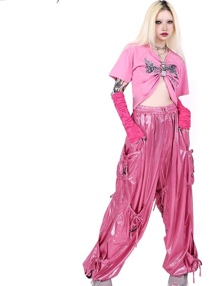 PINKSPINK Butterfly Embroidered Bow Pocket Straight Women's Cotton Cargo Pants