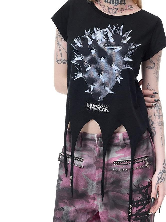 PINKSPINK Cactus Print Studded Asymmetrical Hem Slim Fit Women's Short Sleeve T-shirts