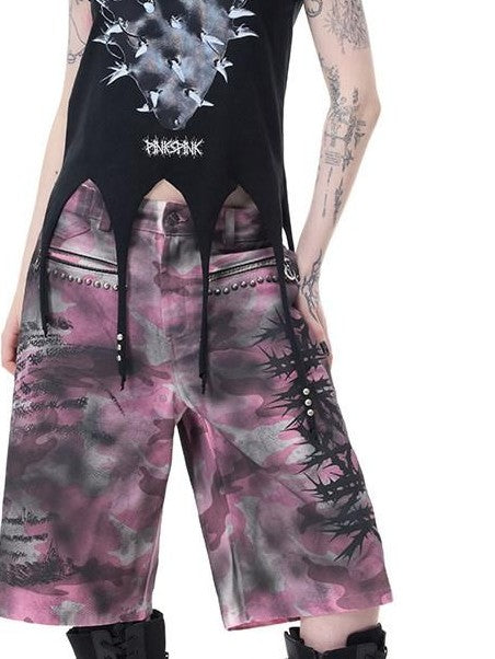 PINKSPINK Cactus Print Studded Asymmetrical Hem Slim Fit Women's Short Sleeve T-shirts