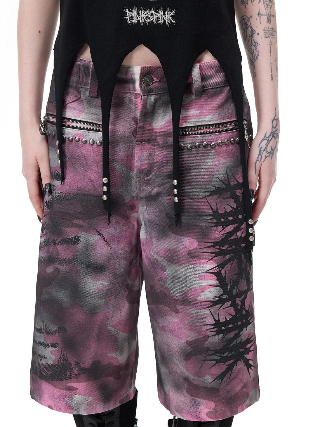 PINKSPINK Cactus Print Studded Asymmetrical Hem Slim Fit Women's Short Sleeve T-shirts
