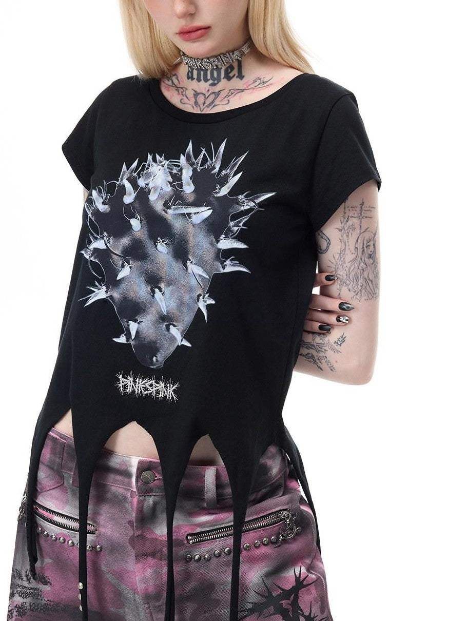 PINKSPINK Cactus Print Studded Asymmetrical Hem Slim Fit Women's Short Sleeve T-shirts