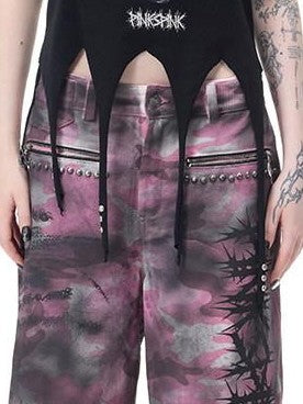 PINKSPINK Cactus Print Studded Asymmetrical Hem Slim Fit Women's Short Sleeve T-shirts