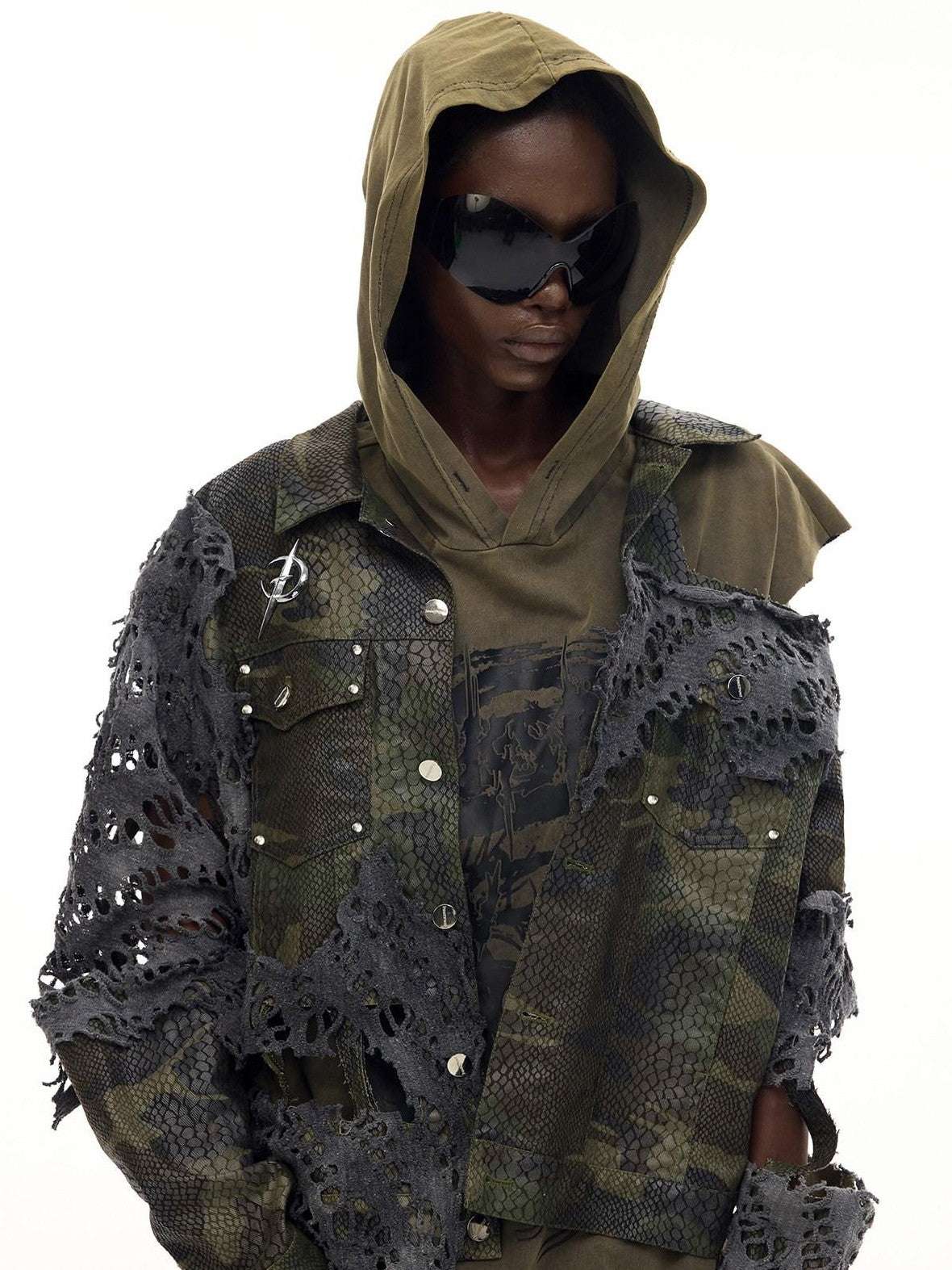 PINKSPINK Camo Distressed Rebuilt Cutout Hooded Oversized Women's Cotton Denim Jackets
