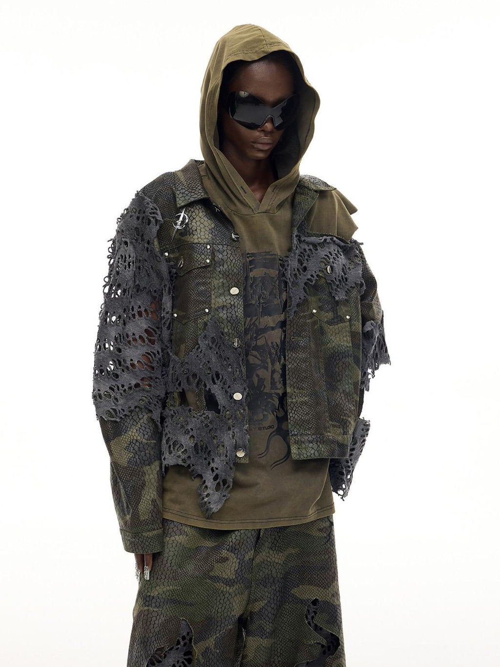 PINKSPINK Camo Distressed Rebuilt Cutout Hooded Oversized Women's Cotton Denim Jackets